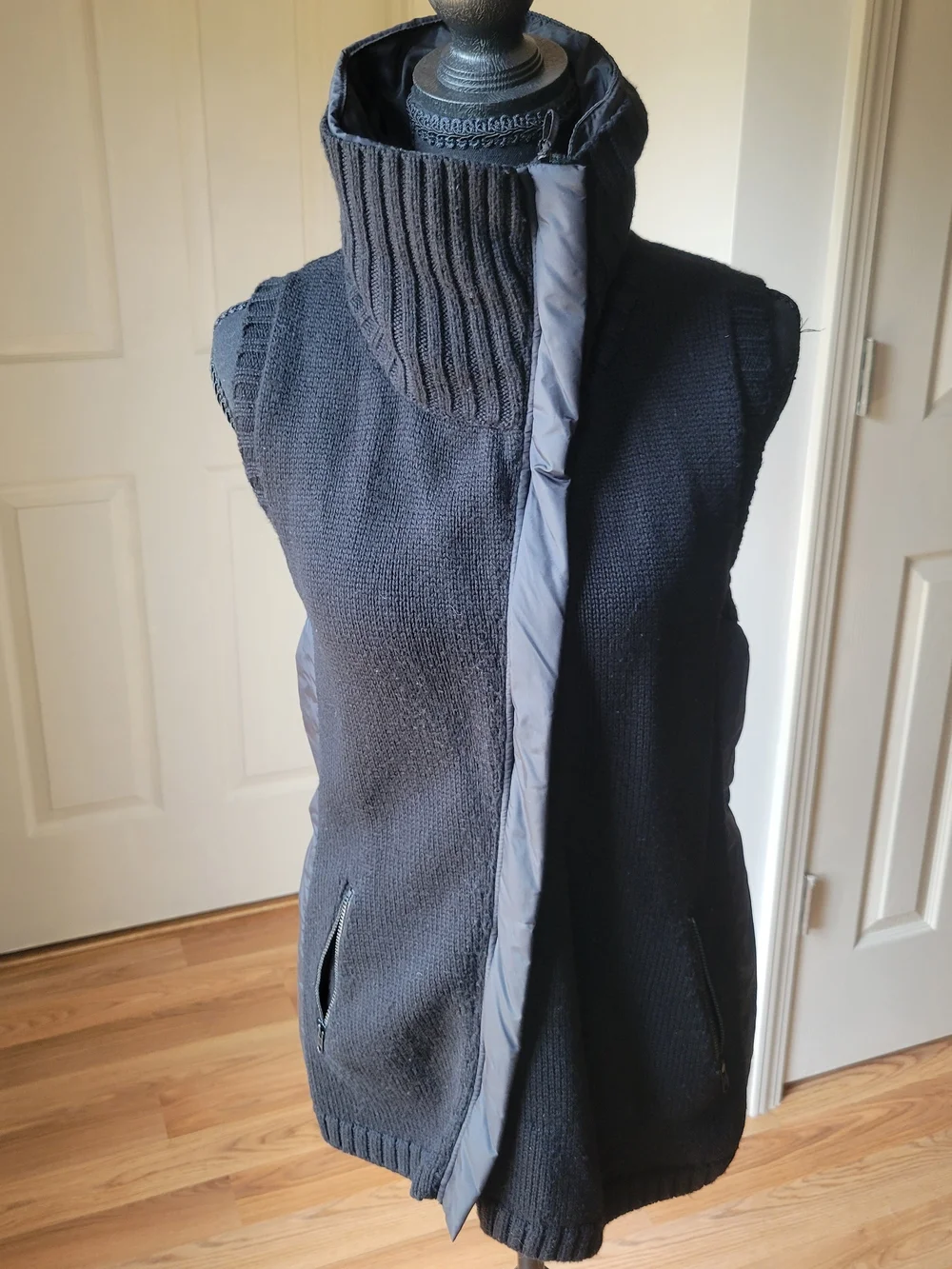 Eileen Fisher Merino Wool Asymmetrical Zip Funnel Neck Vest Black S